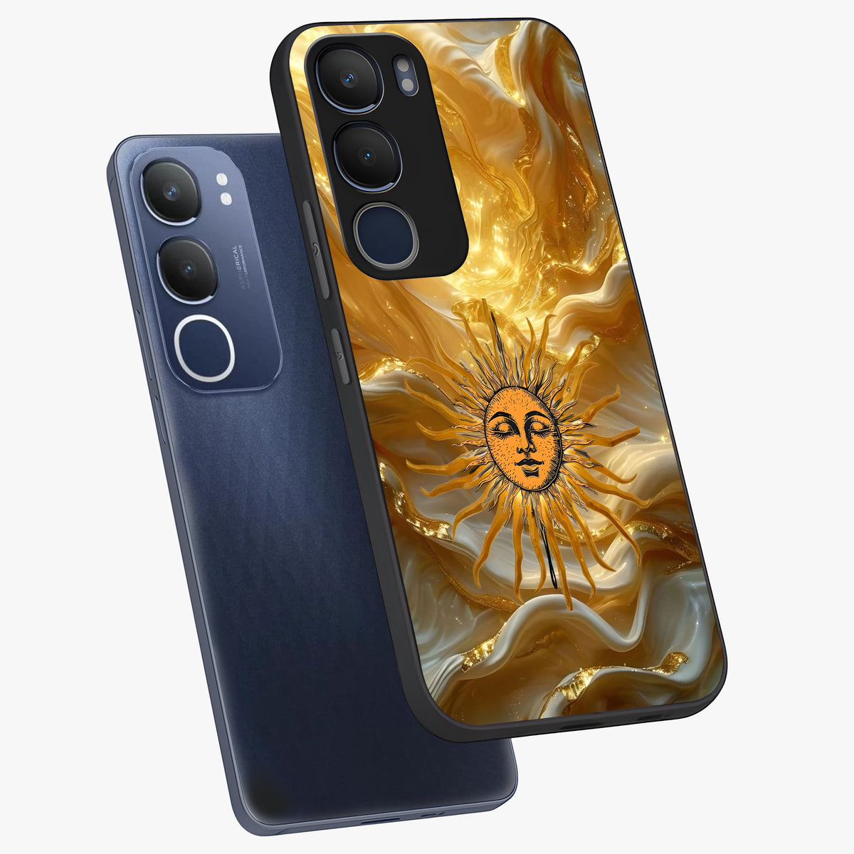 Eternal Golden Glow Glass Case displayed in angled mockup highlighting glowing golden aesthetic design with elegant style.