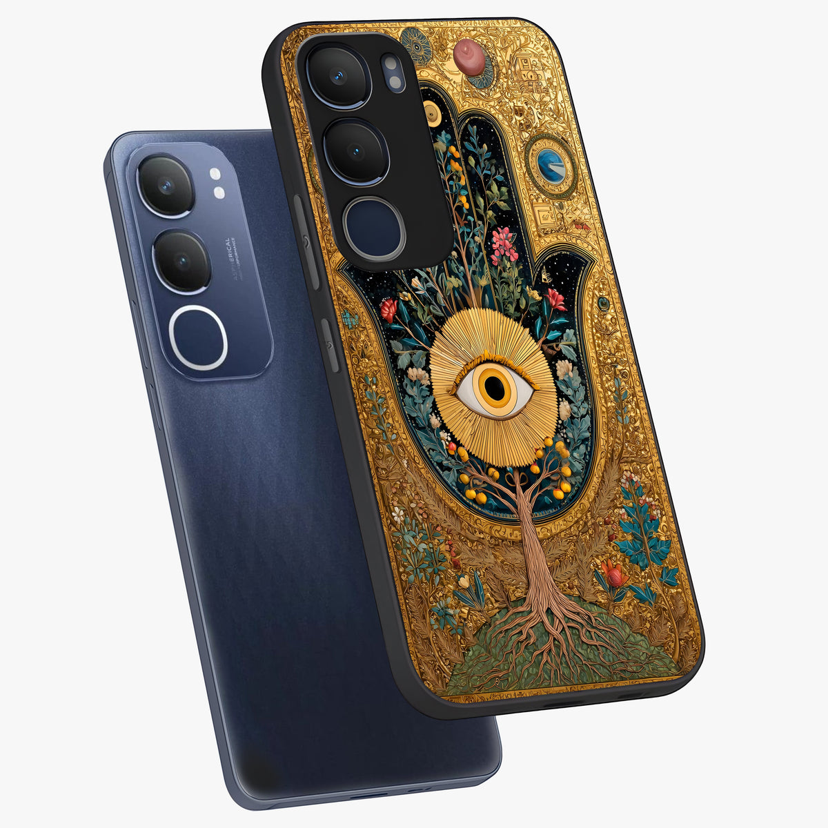 Ethereal Evil Eye Glass Case displayed in angled mockup highlighting protective evil eye symbol with spiritual aesthetic design.