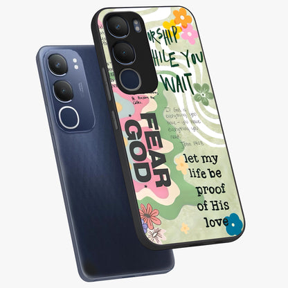 Faith Over Fear Glass Case displayed in angled mockup highlighting inspirational message design with modern aesthetic style.