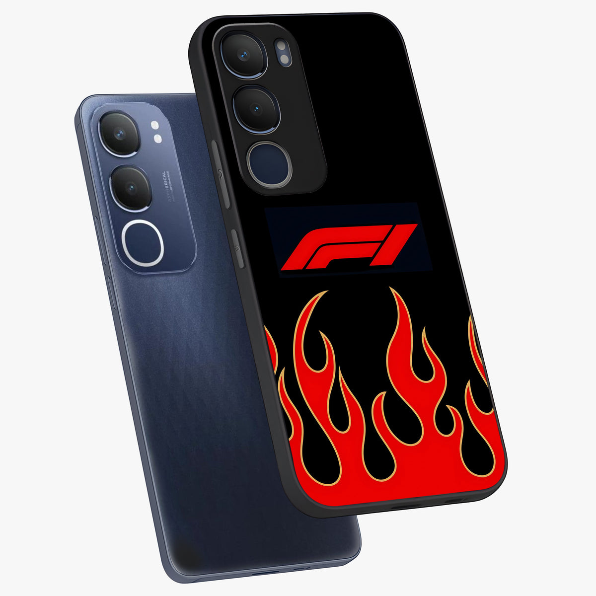 Fire F11 Glass Case displayed in angled mockup highlighting bold fire inspired graphic with energetic aesthetic style.