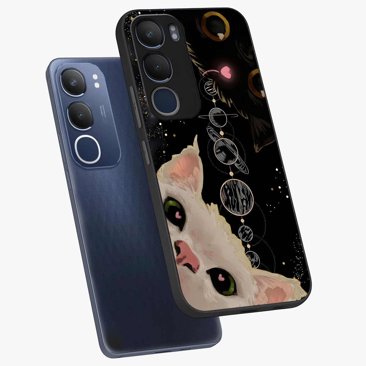 Galactic Cat Glass Case displayed in angled mockup highlighting celestial feline illustration with galaxy aesthetic style.