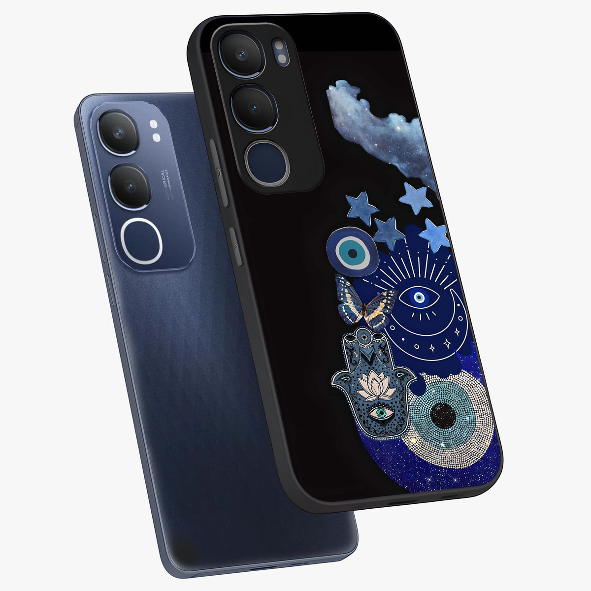 Galactic Charm Cluster Glass Case displayed in angled mockup highlighting luminous galaxy inspired design with dreamy aesthetic.