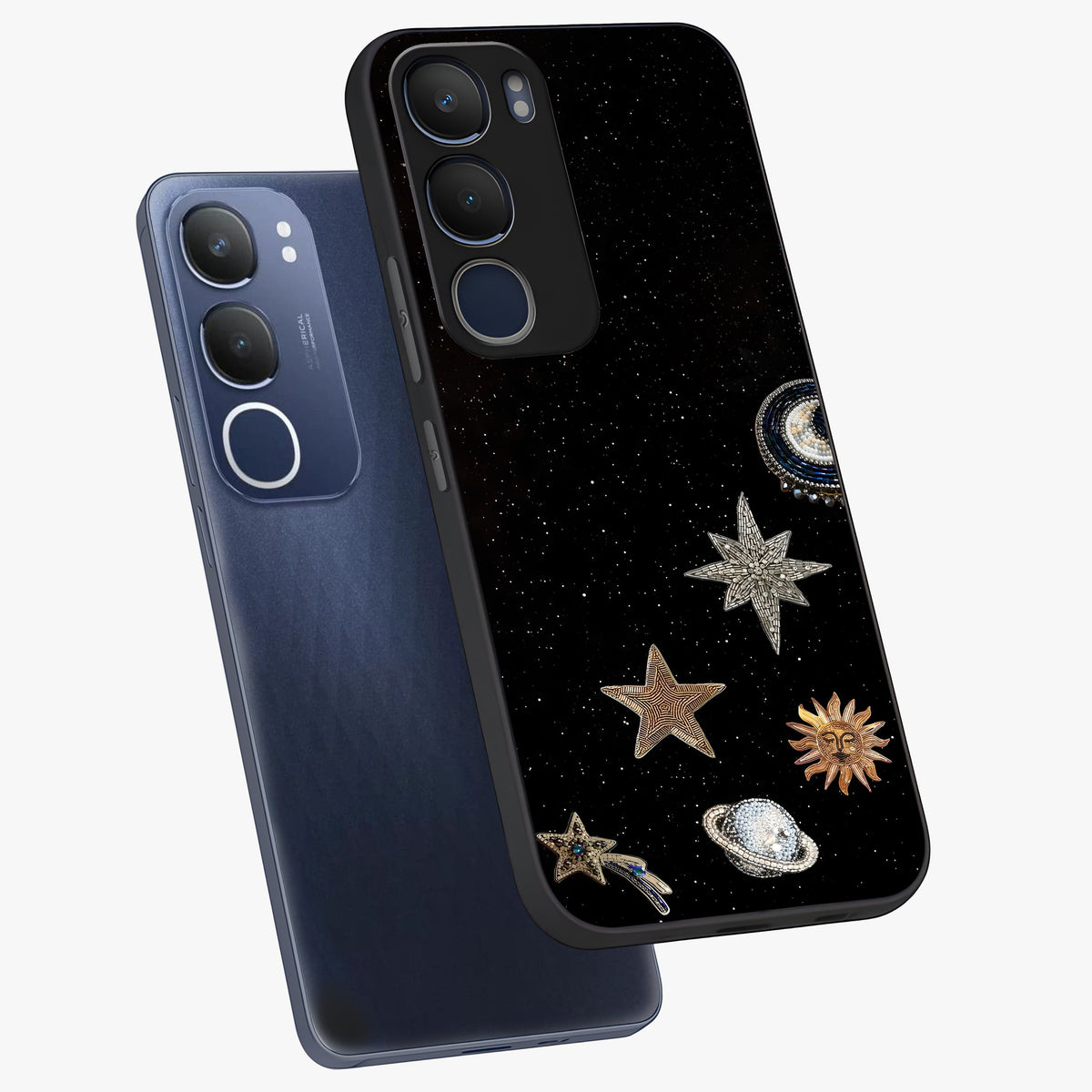 Galactic Charm Glow Glass Case displayed in angled mockup highlighting luminous galaxy inspired design with dreamy aesthetic.
