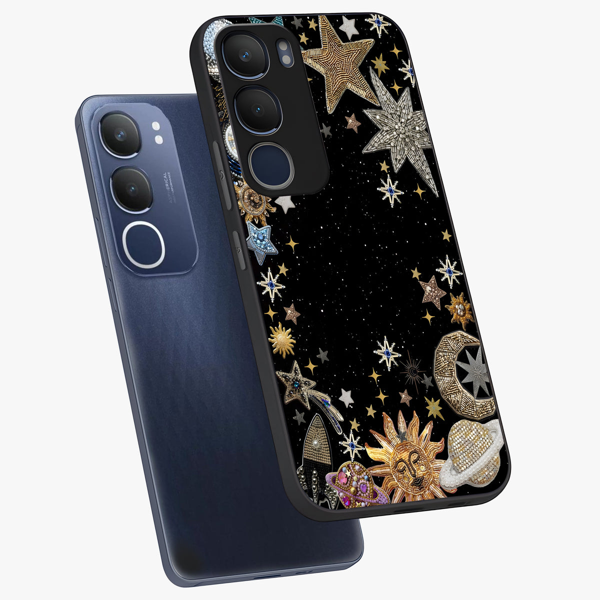 Galactic Jewel Stars Glass Case displayed in angled mockup highlighting shining celestial star design with cosmic aesthetic style.
