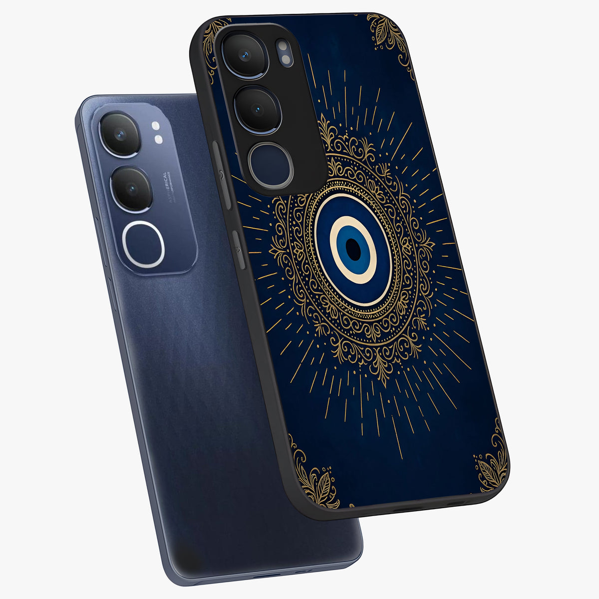 Golden Celestial Charm Glass Case displayed in angled mockup highlighting sparkling cosmic charm design with celestial aesthetic.
