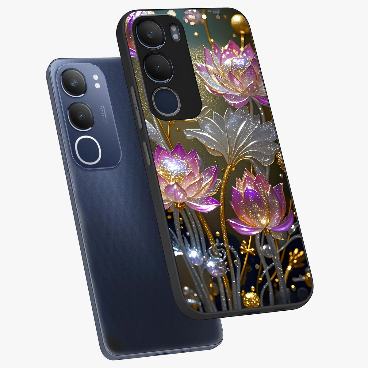 Golden Floral Majesty Glass Case displayed in angled mockup highlighting elegant flower design with royal golden aesthetic.