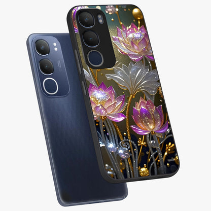 Golden Floral Majesty Glass Case displayed in angled mockup highlighting elegant flower design with royal golden aesthetic.