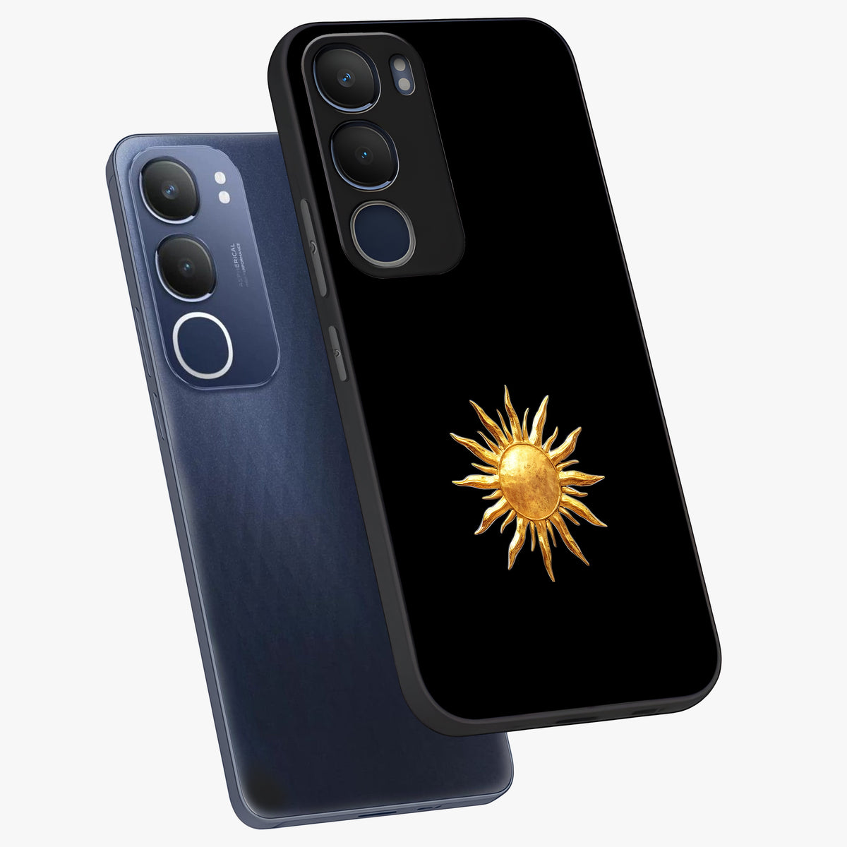 Golden Sun Minimalism Glass Case displayed in angled mockup highlighting eerie shadow illustration with gothic aesthetic.
