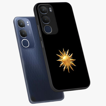 Golden Sun Minimalism Glass Case displayed in angled mockup highlighting eerie shadow illustration with gothic aesthetic.