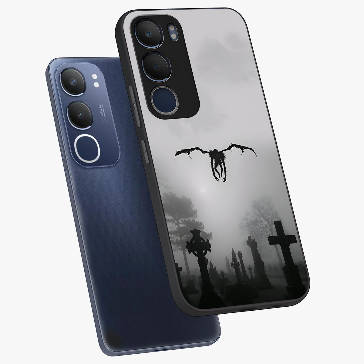 Graveyard Shadow Descent Glass Case displayed in angled mockup highlighting eerie shadow illustration with gothic aesthetic.