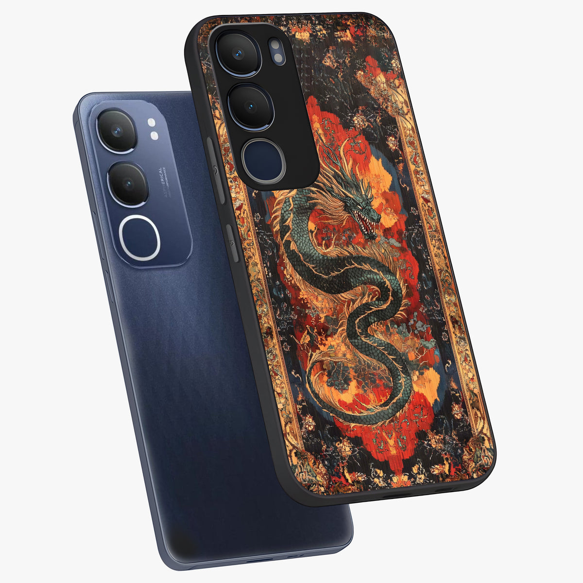 Inferno Dragon Soul Glass Case displayed in angled mockup highlighting powerful dragon illustration with inferno aesthetic.