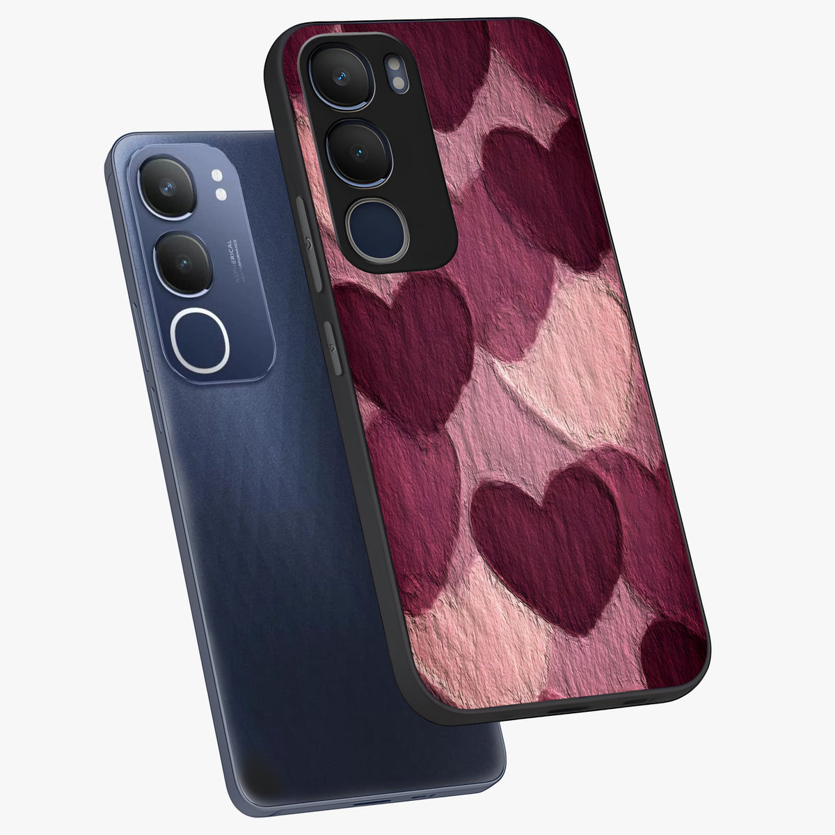 Layered Paper Hearts Glass Case displayed in angled mockup highlighting creative paper craft heart design with romantic aesthetic.