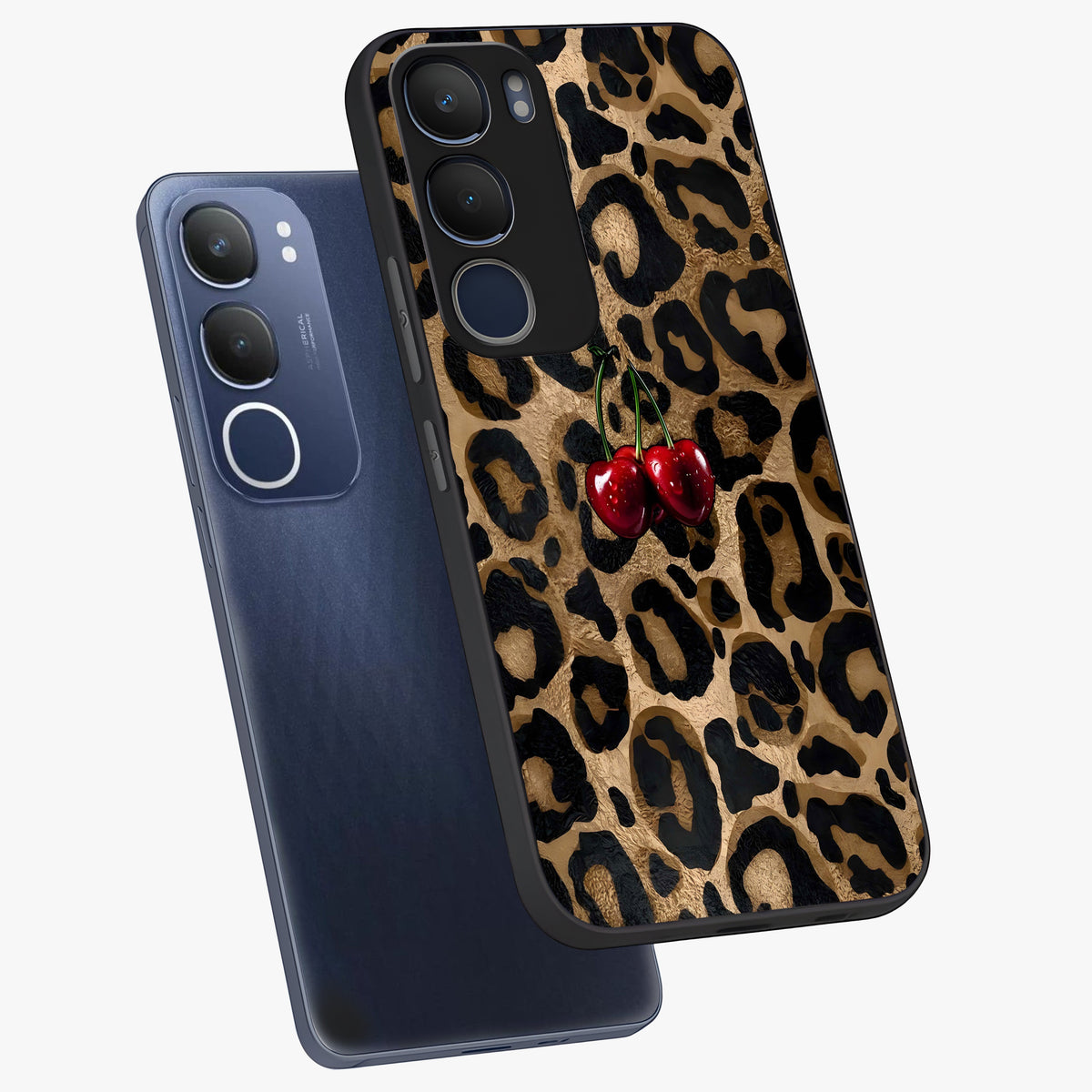Leopard Wild Cherry Glass Case displayed in angled mockup highlighting bold animal print design with playful cherry aesthetic.