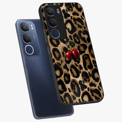 Leopard Wild Cherry Glass Case displayed in angled mockup highlighting bold animal print design with playful cherry aesthetic.