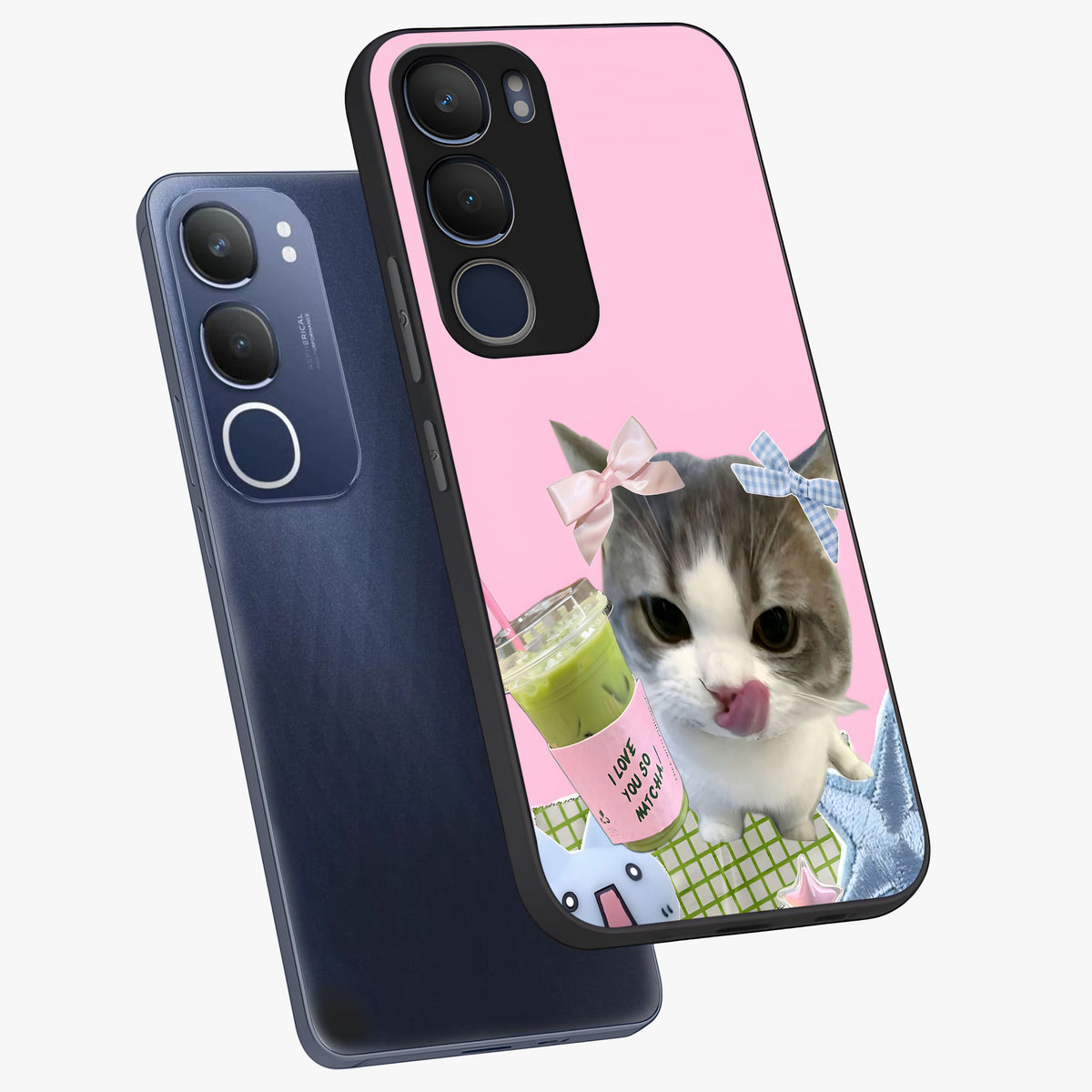 Love Matcha Cat Glass Case displayed in angled mockup highlighting playful feline illustration with cozy matcha aesthetic.