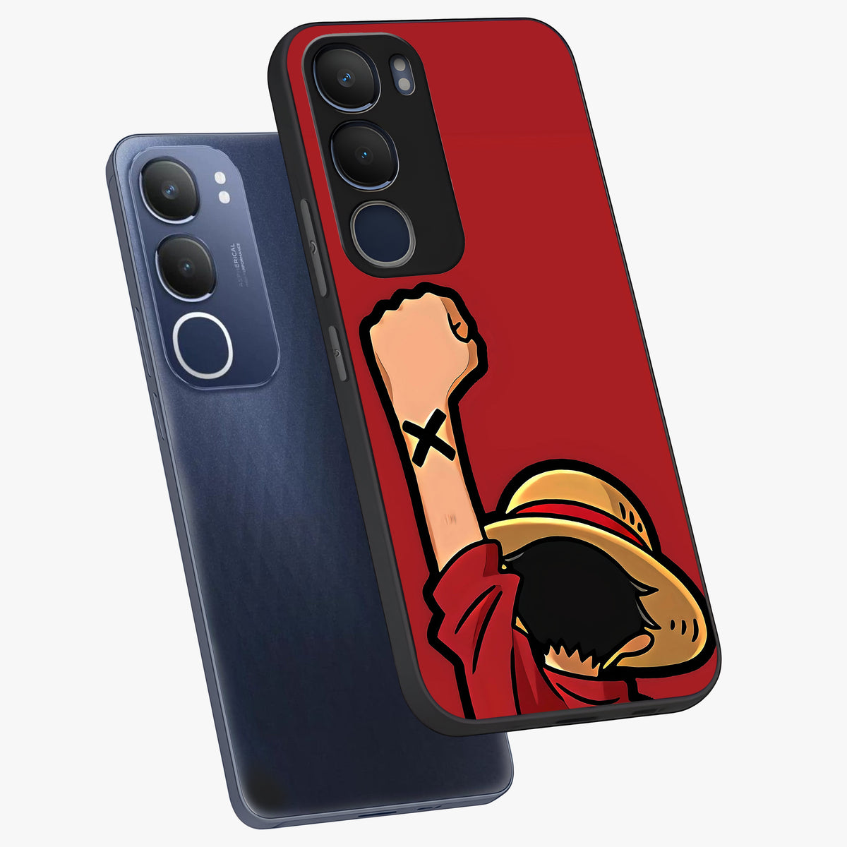 Luffy X Spirit Glass Case displayed in angled mockup highlighting powerful anime design with energetic action aesthetic.