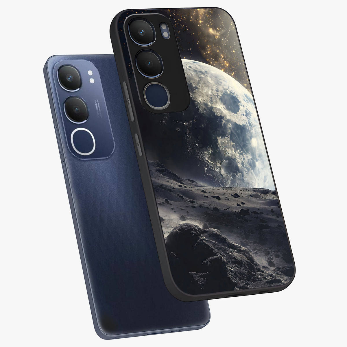 Lunar Horizon Glow Glass Case displayed in angled mockup highlighting celestial moon design with dreamy night aesthetic.