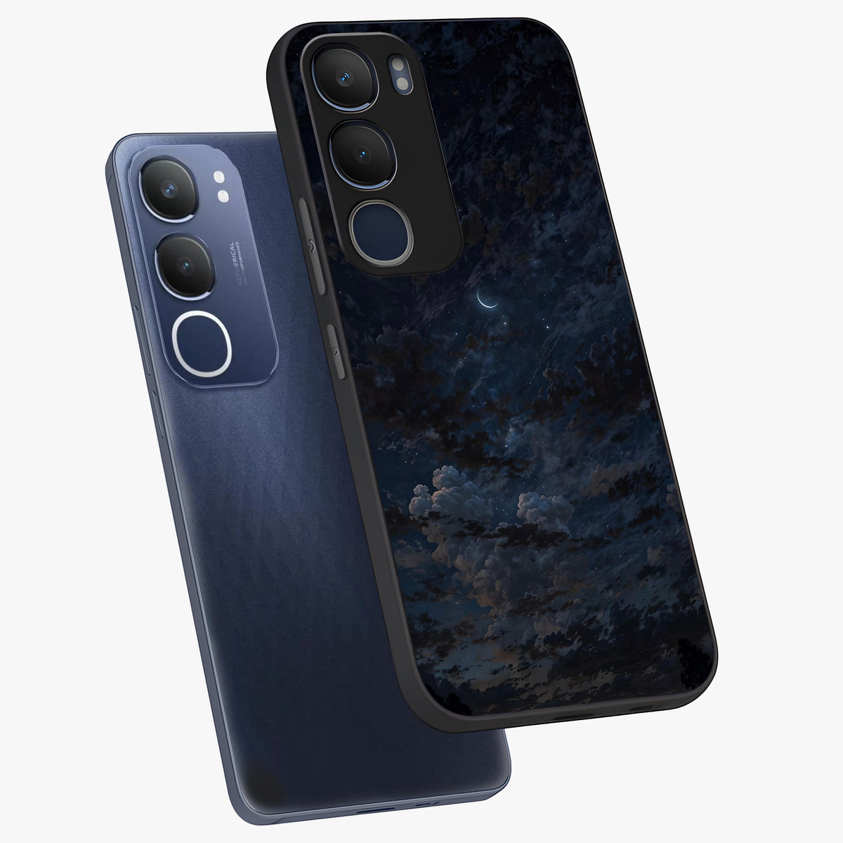Lunar Veil Silence Glass Case displayed in angled mockup highlighting soft lunar design with peaceful celestial aesthetic.