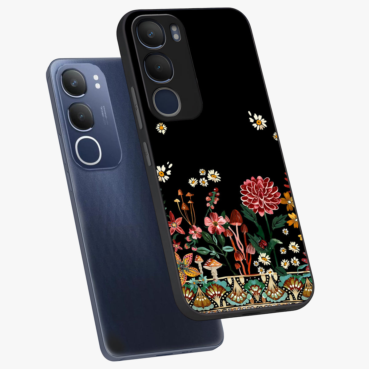 Midnight Bloom Pattern Glass Case displayed in angled mockup highlighting elegant flower design with midnight aesthetic style.