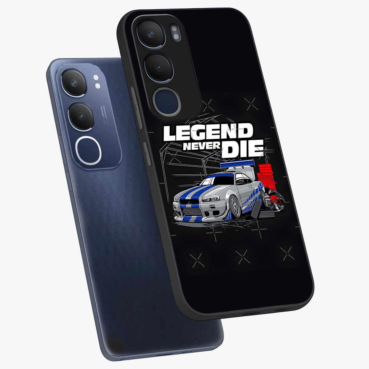 Midnight Racing Legacy Glass Case displayed in angled mockup highlighting dynamic automotive design with bold midnight aesthetic.