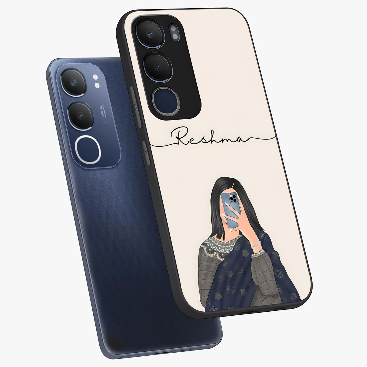 Mirror Mood Muse With Custom Name Glass Case displayed in angled mockup highlighting aesthetic mirror inspired design with custom name feature.