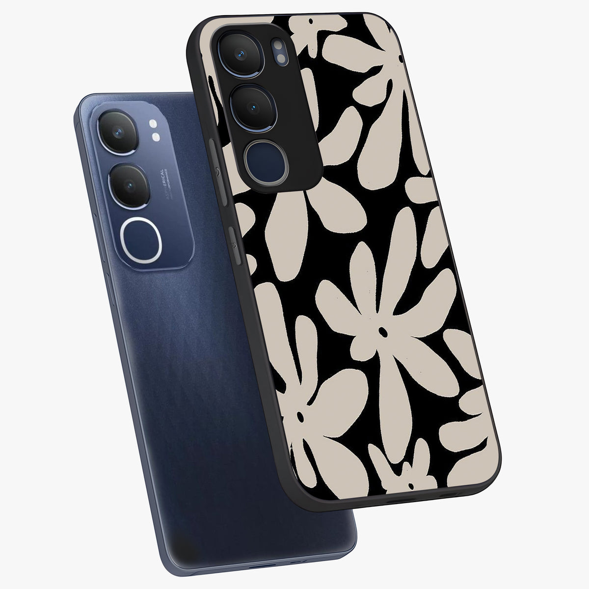 Monochrome Petal Dance Glass Case displayed in angled mockup highlighting elegant petal design with black and white aesthetic.