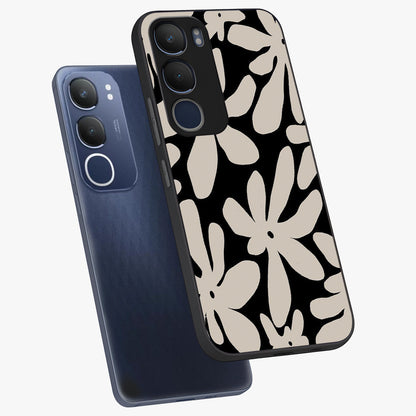 Monochrome Petal Dance Glass Case displayed in angled mockup highlighting elegant petal design with black and white aesthetic.