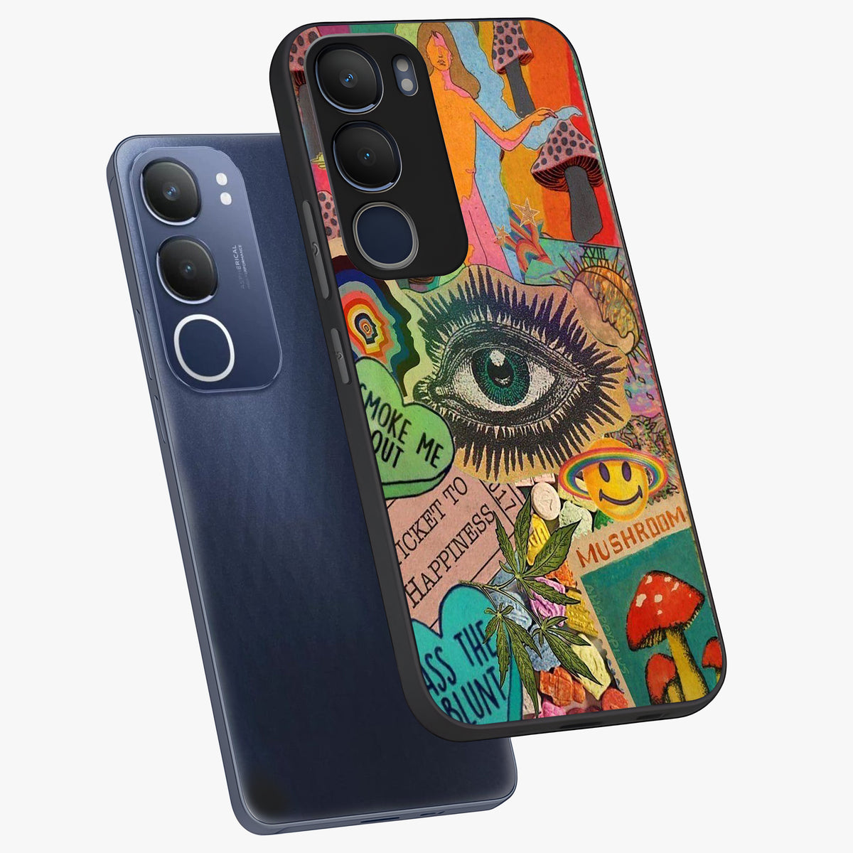 Mystic Eye Wonderland Glass Case displayed in angled mockup highlighting magical eye illustration with dreamy aesthetic.