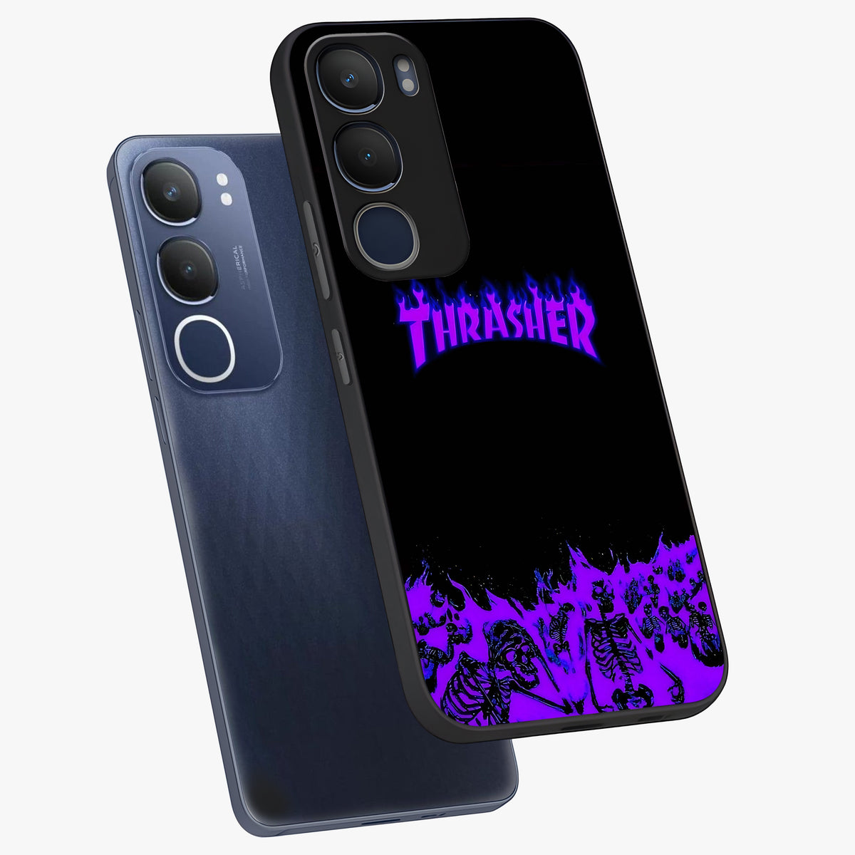Neon Flame Riot Glass Case displayed in angled mockup highlighting glowing flame design with vibrant neon aesthetic.