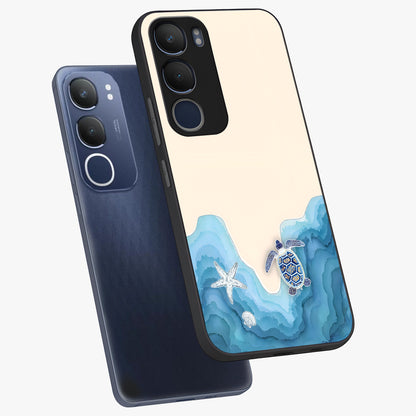 Ocean Drift Turtle Glass Case displayed in angled mockup highlighting peaceful ocean turtle illustration with marine aesthetic.