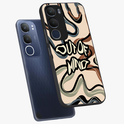 Out Of Mind Glass Case displayed in angled mockup highlighting bold statement design with modern artistic aesthetic.
