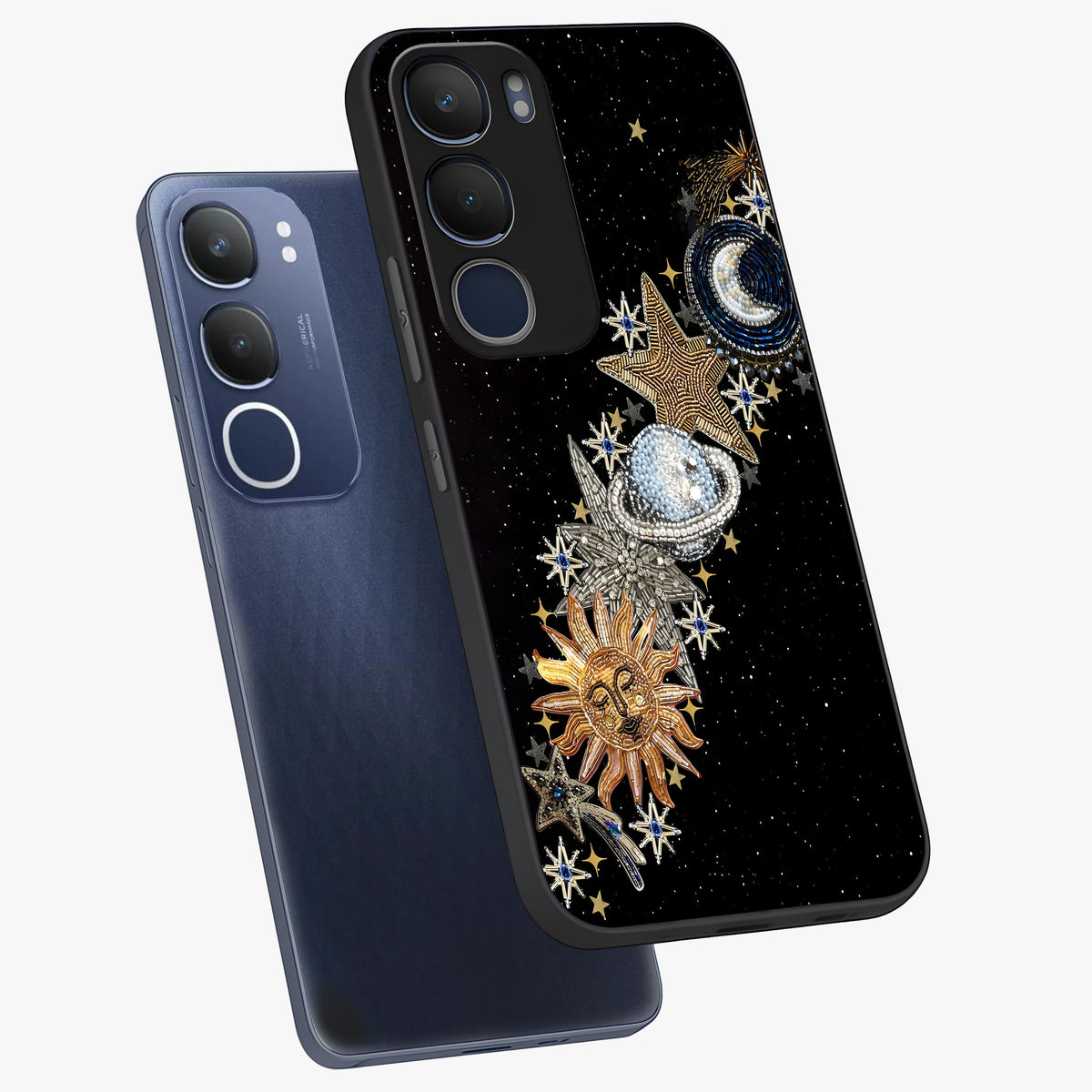 Pearls Universe Object Glass Case displayed in angled mockup highlighting celestial pearl design with dreamy aesthetic.