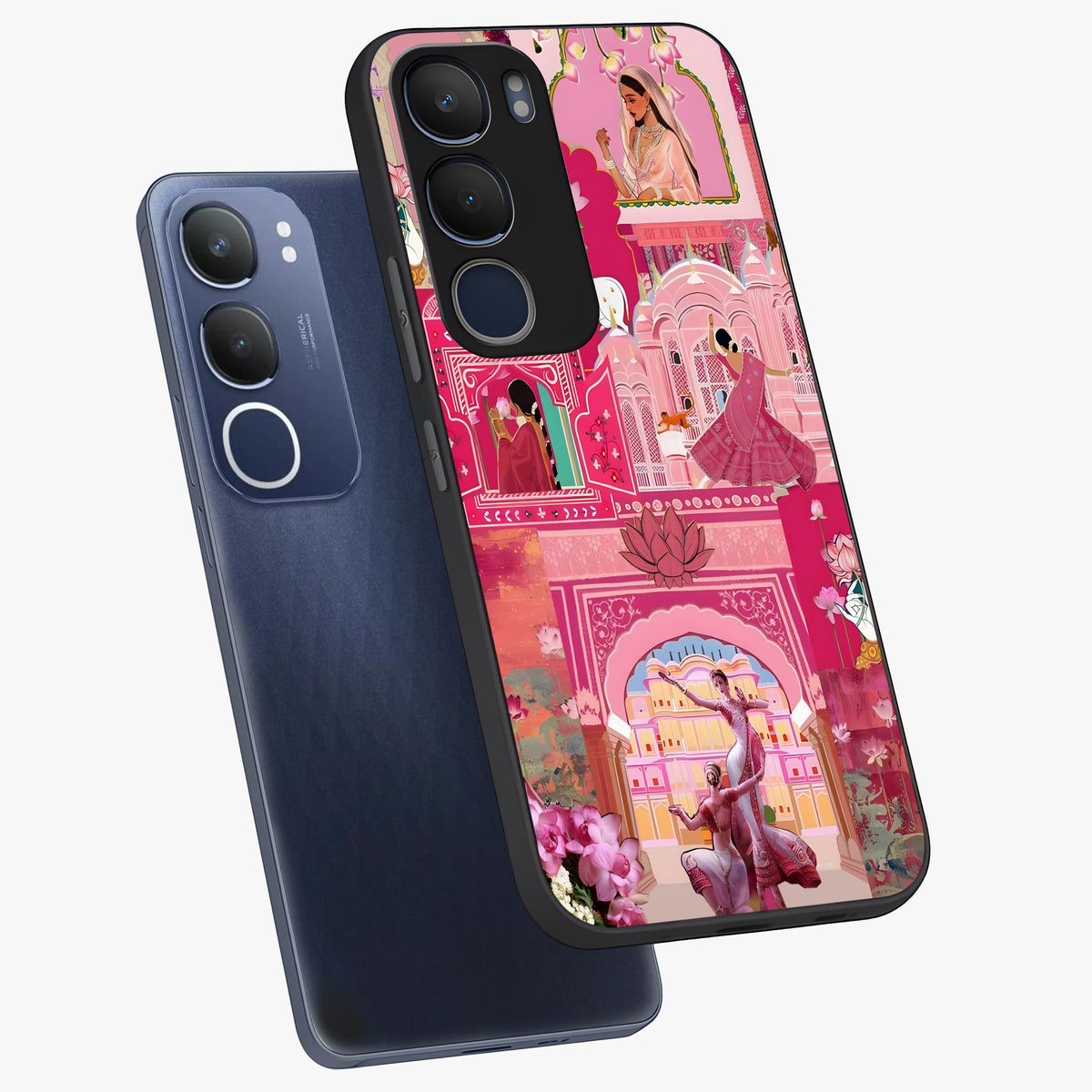 Pink Palace Muse Glass Case displayed in angled mockup highlighting dreamy palace illustration with soft pink aesthetic.