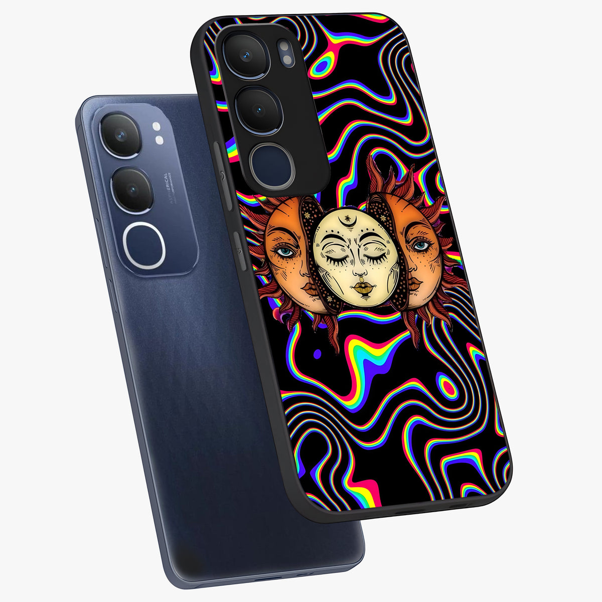 Psychedelic Sun Glass Case displayed in angled mockup highlighting vibrant abstract sun design with artistic aesthetic style.