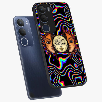 Psychedelic Sun Glass Case displayed in angled mockup highlighting vibrant abstract sun design with artistic aesthetic style.