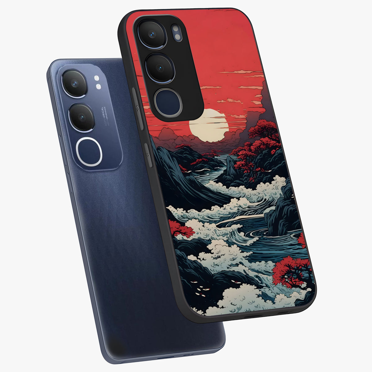 Red Sunset Scenery Glass Case displayed in angled mockup highlighting glowing sunset sky design with scenic aesthetic.