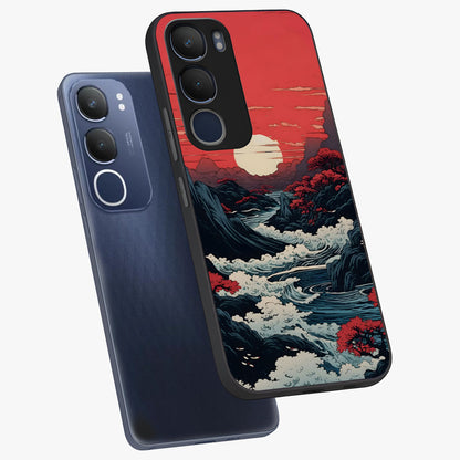 Red Sunset Scenery Glass Case displayed in angled mockup highlighting glowing sunset sky design with scenic aesthetic.