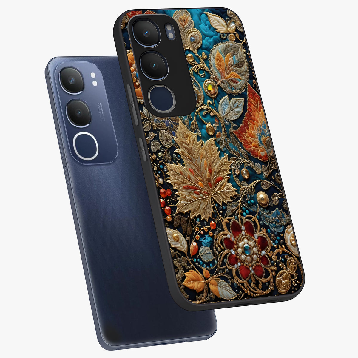 Royal Jewel Garden Glass Case displayed in angled mockup highlighting vibrant jewel inspired floral design with elegant aesthetic.
