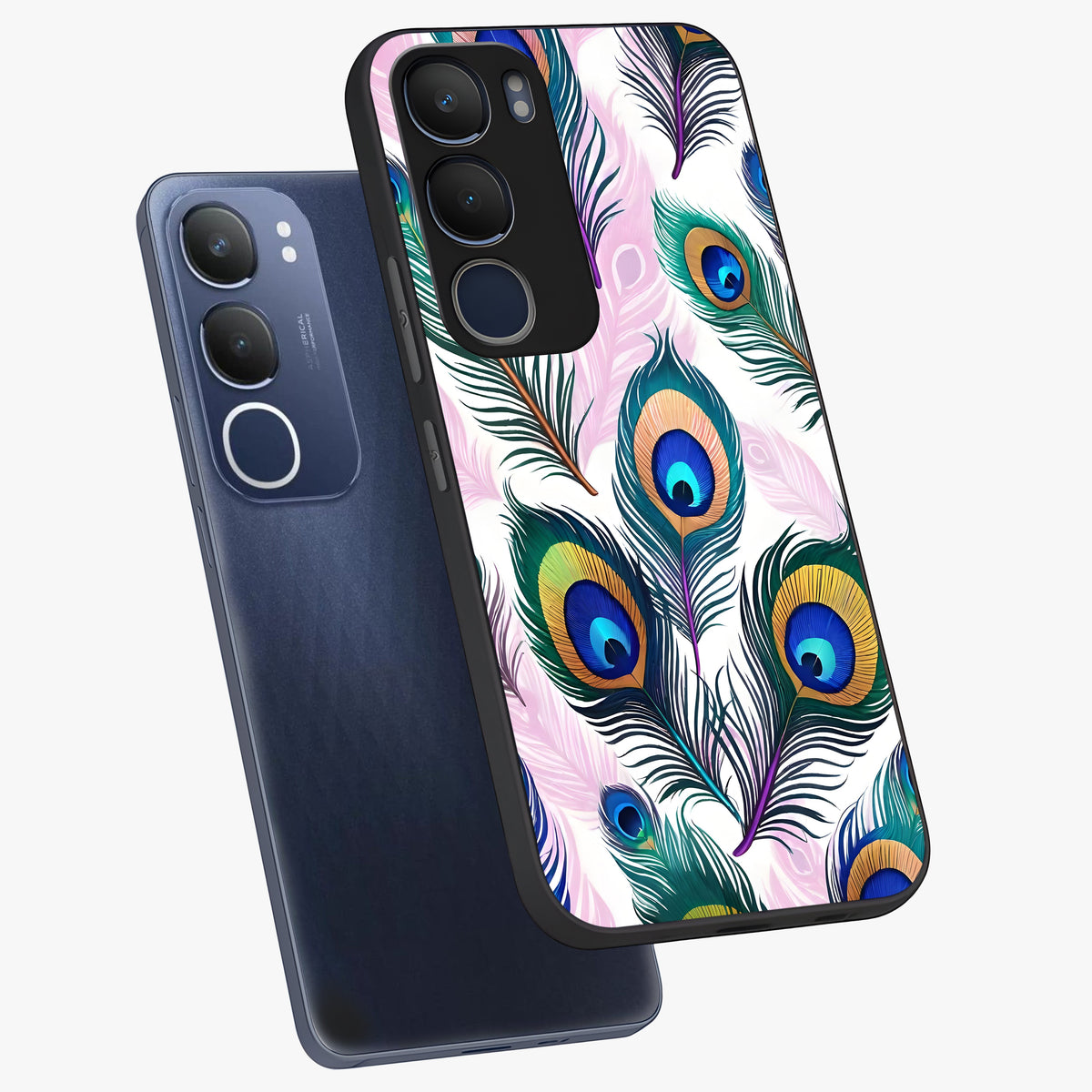 Royal Peacock Feathers Glass Case displayed in angled mockup highlighting vibrant feather pattern with regal aesthetic style.