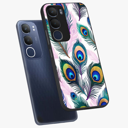Royal Peacock Feathers Glass Case displayed in angled mockup highlighting vibrant feather pattern with regal aesthetic style.