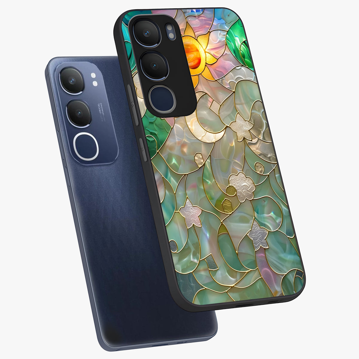 Stained Sunrise Glow Glass Case displayed in angled mockup highlighting radiant sunrise design with artistic aesthetic style.