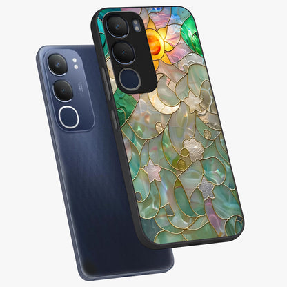 Stained Sunrise Glow Glass Case displayed in angled mockup highlighting radiant sunrise design with artistic aesthetic style.