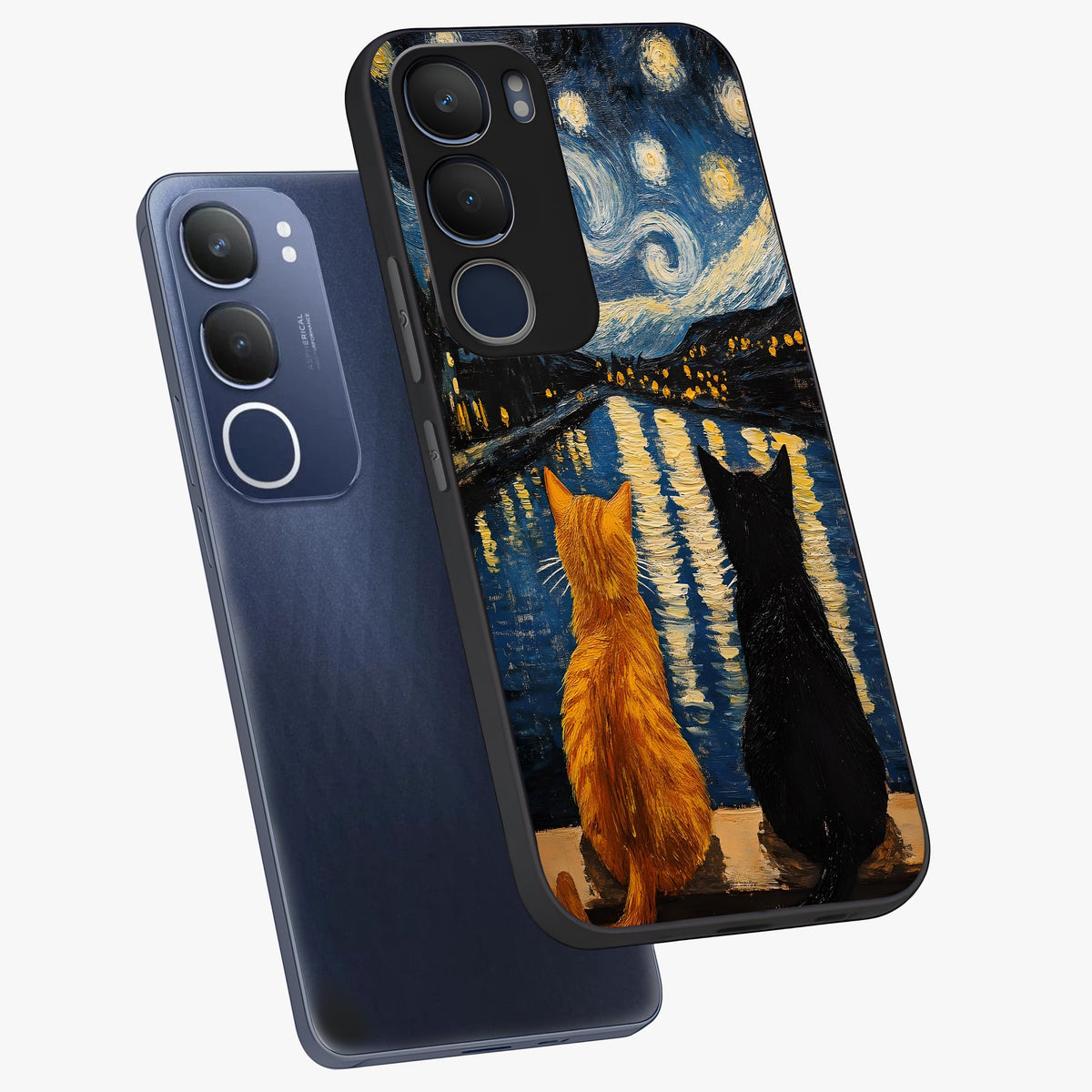 Starry River Cats Glass Case displayed in angled mockup highlighting charming feline illustration with dreamy night aesthetic.