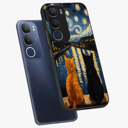 Starry River Cats Glass Case displayed in angled mockup highlighting charming feline illustration with dreamy night aesthetic.
