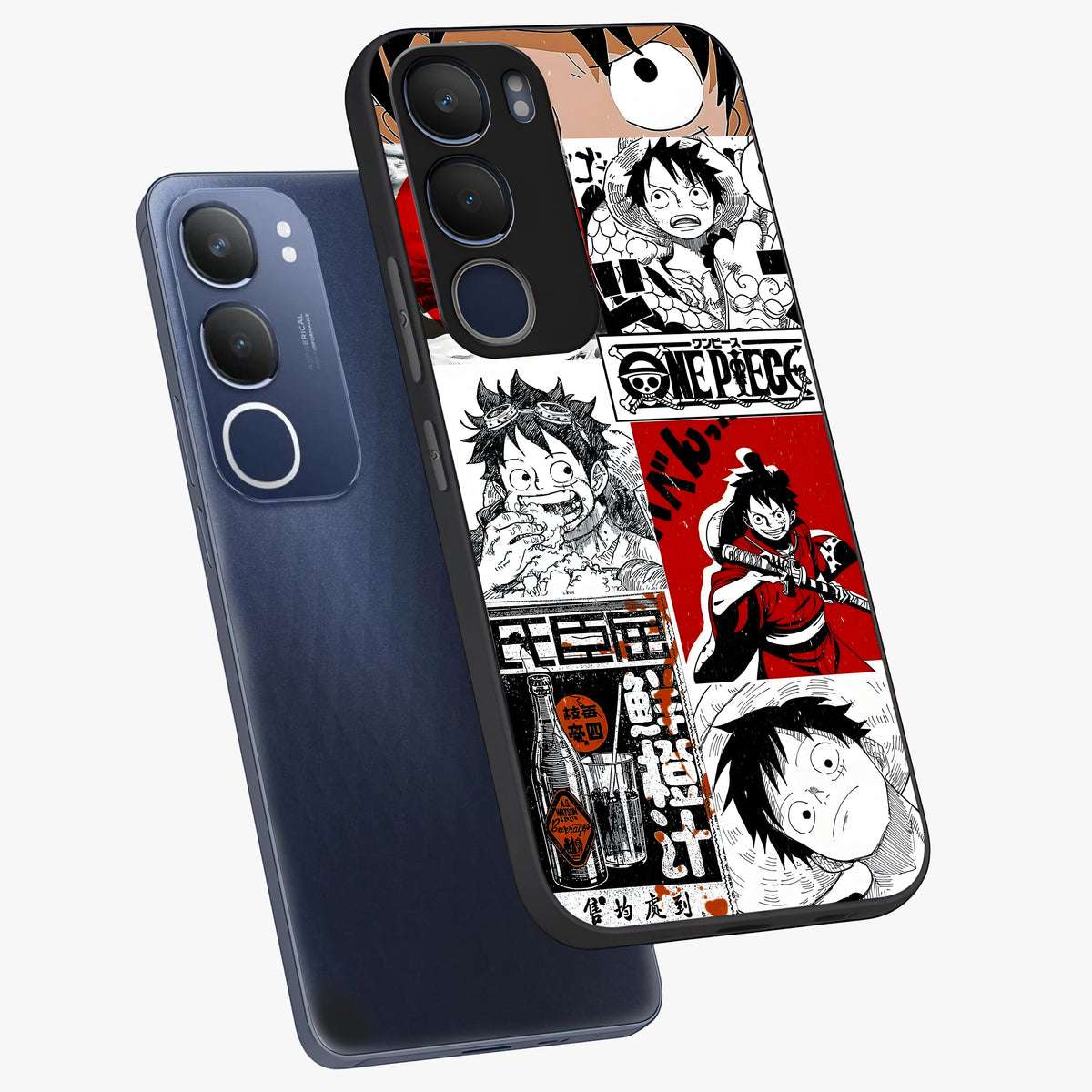 Strawhat Chaos Panels Glass Case displayed in angled mockup highlighting vibrant anime collage design with action aesthetic.