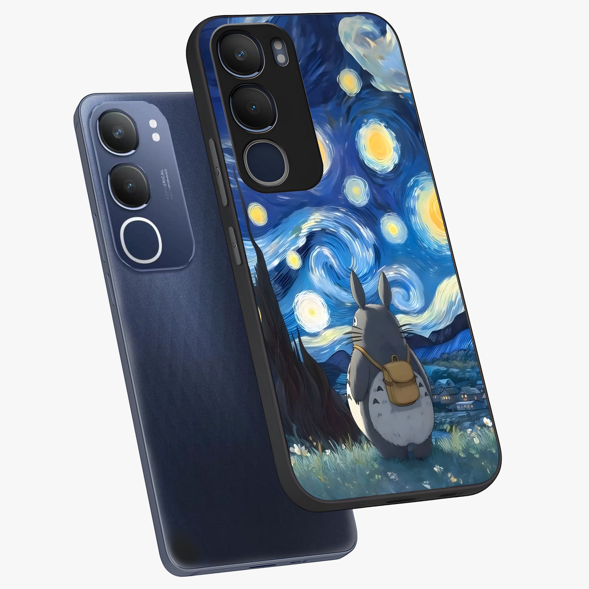 Totoro In Van Gogh Art Glass Case displayed in angled mockup highlighting artistic swirling sky design with playful animation aesthetic.