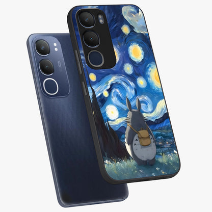 Totoro In Van Gogh Art Glass Case displayed in angled mockup highlighting artistic swirling sky design with playful animation aesthetic.