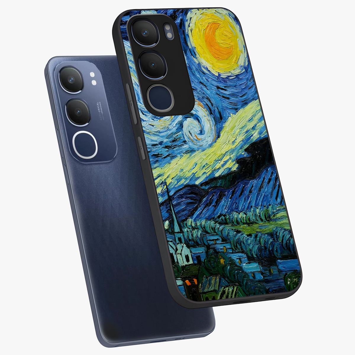 Van Gogh Art Glass Case displayed in angled mockup highlighting swirling brushstroke design with artistic aesthetic.