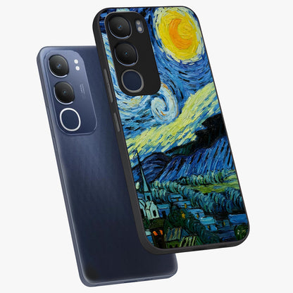 Van Gogh Art Glass Case displayed in angled mockup highlighting swirling brushstroke design with artistic aesthetic.