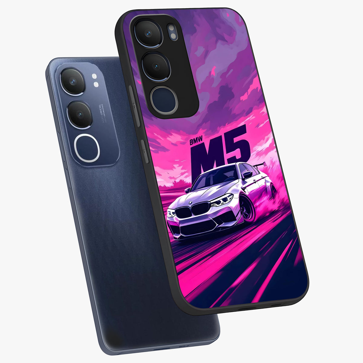 Velocity Drift Pulse Glass Case displayed in angled mockup highlighting dynamic drift design with sporty automotive aesthetic.